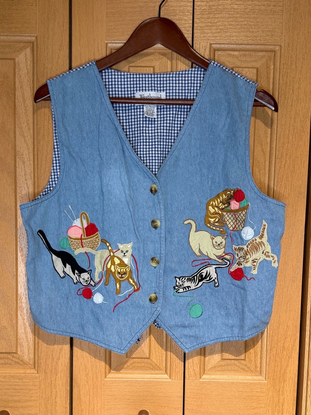 Women’s Vintage Denim/Gingham Cat Appliqué Vest Grandmacore
